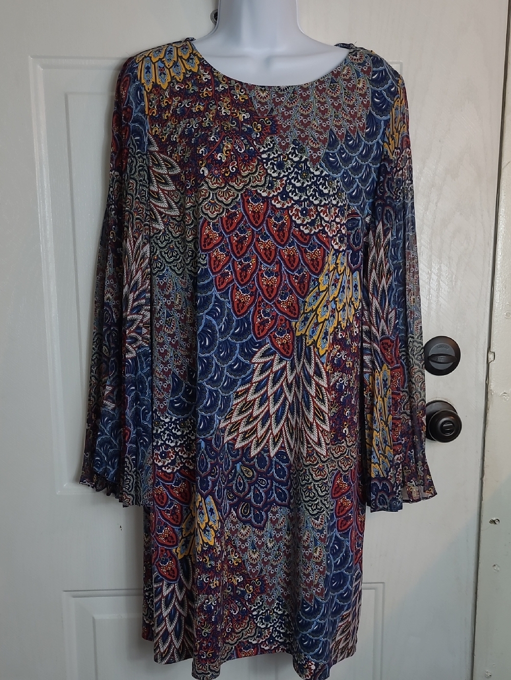 Long-Sleeve Multicolor Printed Swing Dress - Blue/Red/Yellow